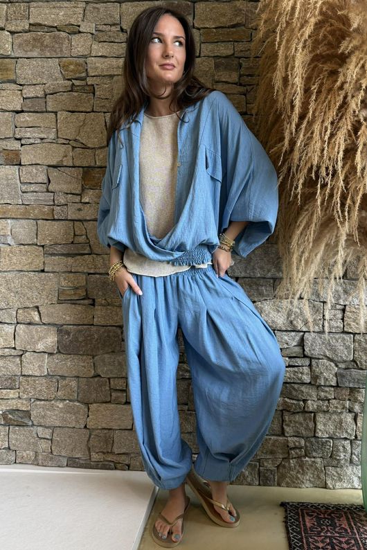 Basso Button Drape Batwing Shirt Denim